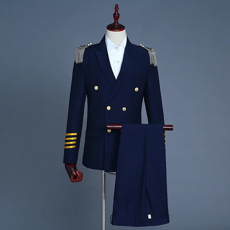 XXXXXL plus size Captain Officer Sailor Peacoat Costume Mens Blazer Suit Fringe Marching Band Jacket Uniform For Adult Coat+Pant