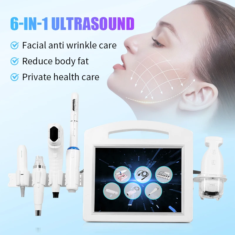 Multi functions neck face skin tighten wrinkle removal body slim  6 in 1 Hi machine  fu with rf microneedle vaginal lipo vmax