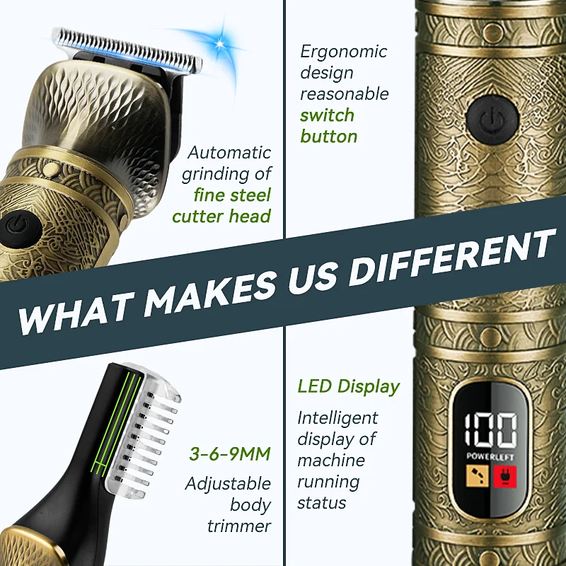 Lcd Display 7 in 1 Electric Professional Metal Waterproof Rechargeable Trimmer Hair Clipper