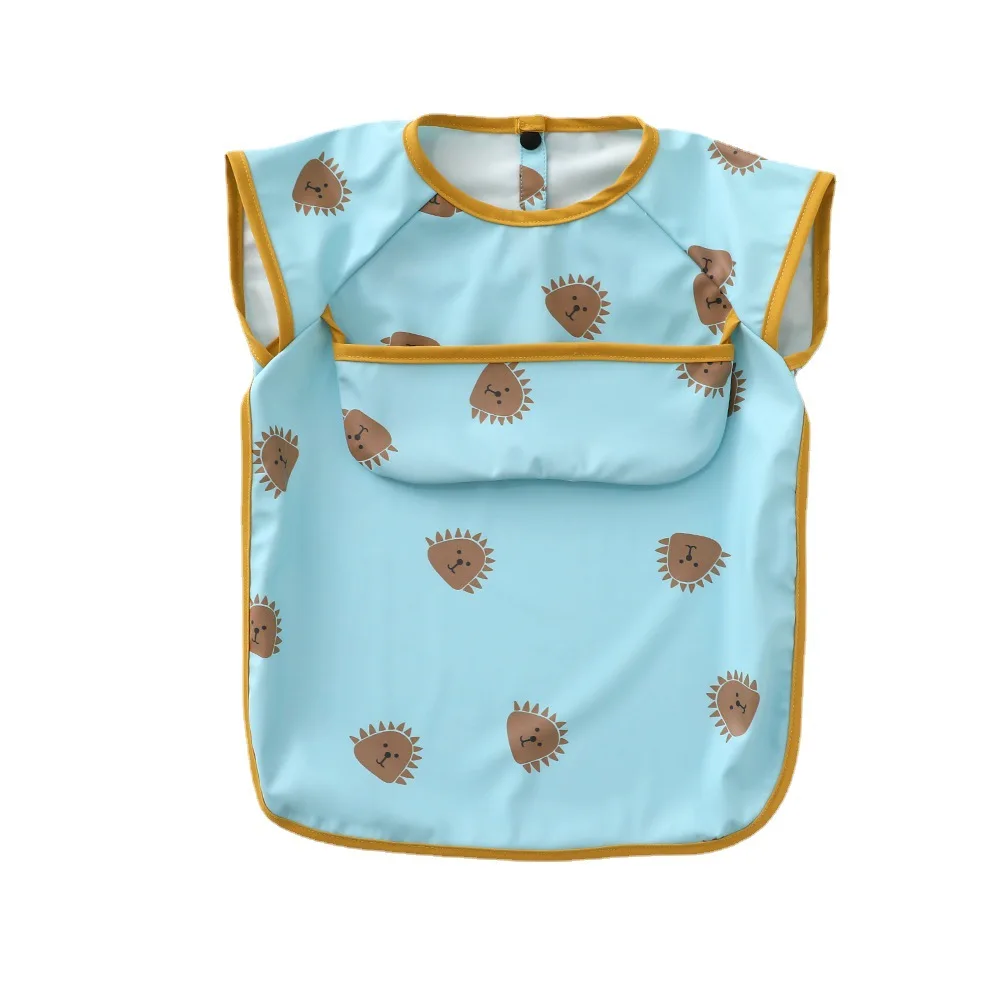 Custom Printed Solid Baby Bib Waterproof Solid Print PU Feeding Bib with Pocket short Sleeve Child Apron Smock