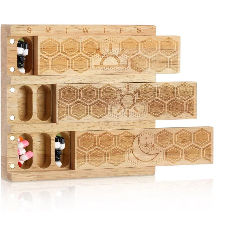 202405 Wood Weekly Pill Organizer Holder Daily Dispenser Pill Sorter Pill Containers