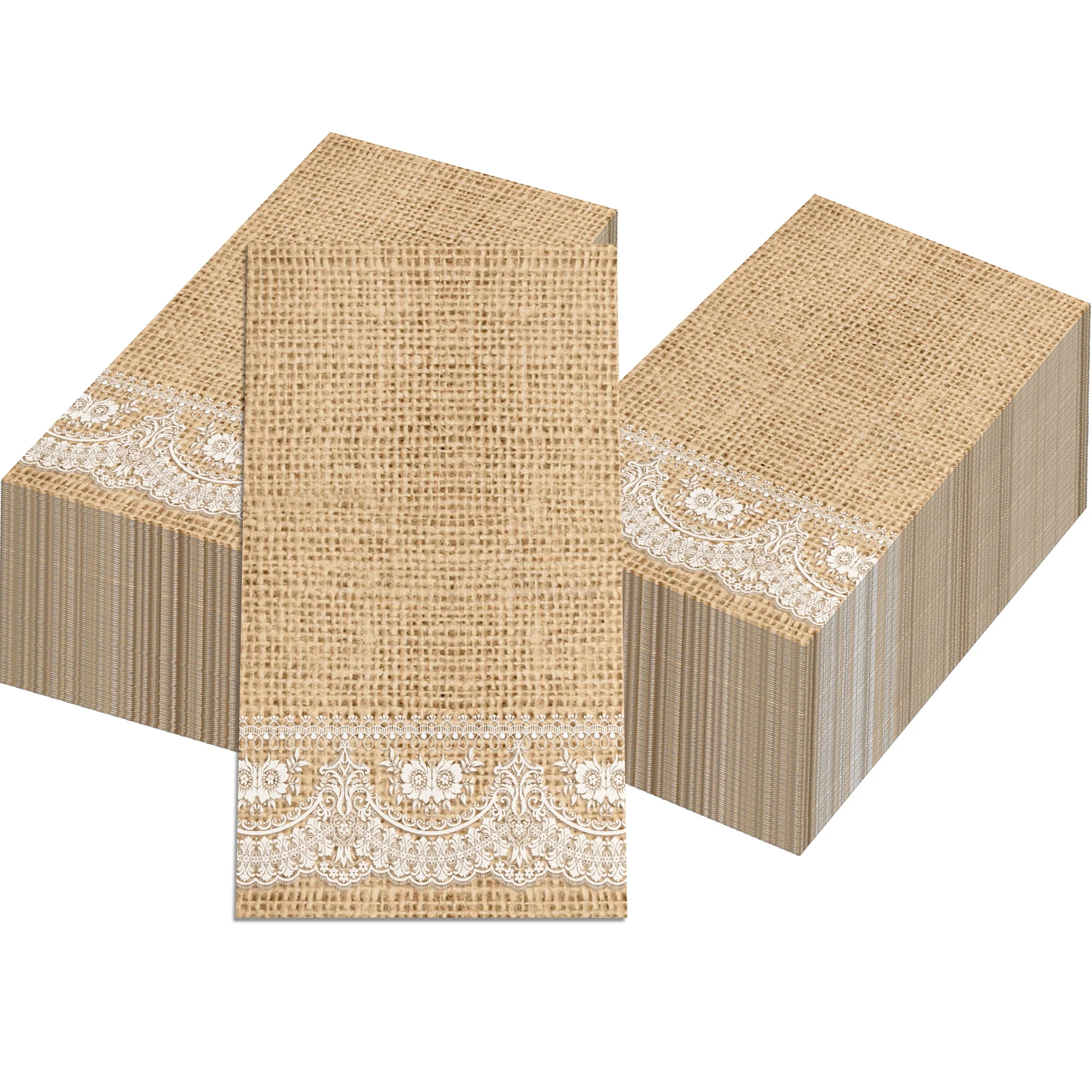 Huancai Burlap Printed Guest Napkins Brown White Lace Disposable Paper Dinner Napkin Bathroom Hand Towels for Party Supplies