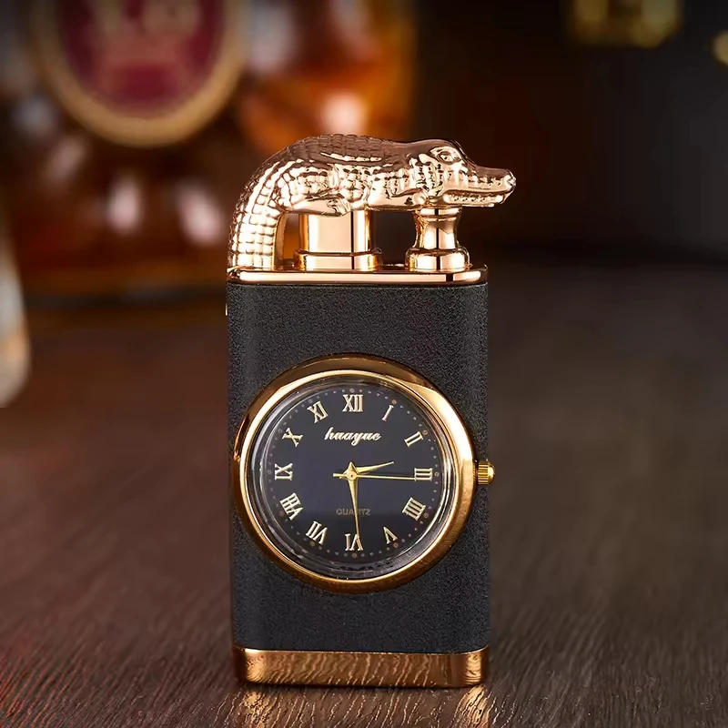 Wholesale Creative Double Flame Crocodile Cigarette Lighter with Clock Watch Disc Windproof Refilled Gas Lighter