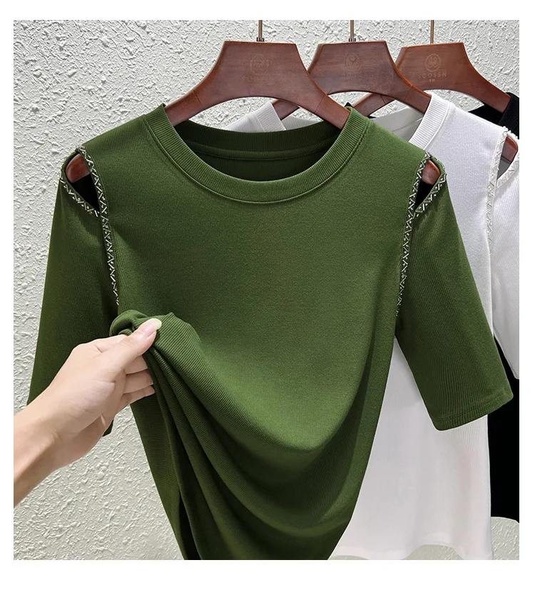 Nanchang Auyan Version Fashion Beaded T-shirt Women Half Sleeve Off Shoulder Shirt