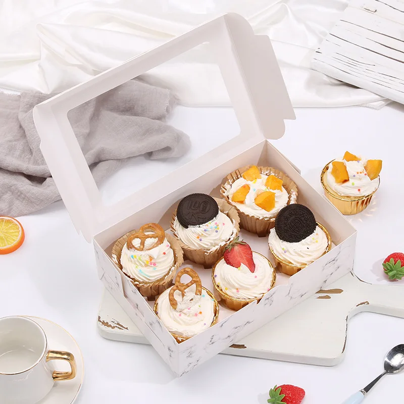 Wholesale Food Box Window White Marble Kraft Paper Take Away Bake 12PCS  Cupcake Box for Bakery
