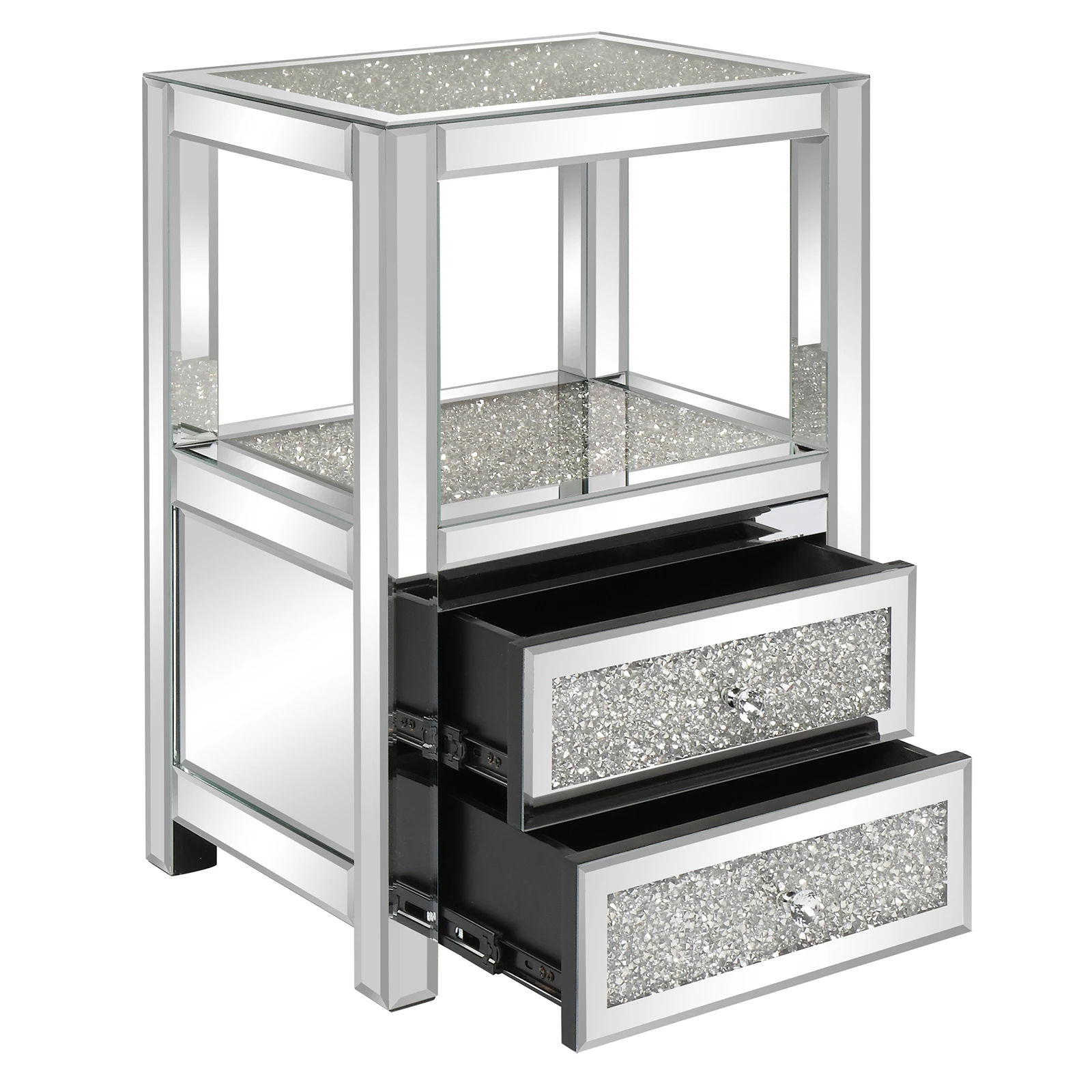 Modern Crushed Diamond Mirrored Nightstand with 2-Drawers Mirror Sofa Side Table End Table Silver Bedside Table for Living Room