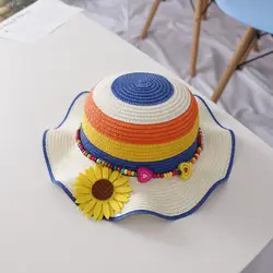2022 Kids Unisex Size Rainbow Bucket Hat Children Summer Outdoor Beach Straw Sunhat Boys Girls Wide Brim Sunbonnet