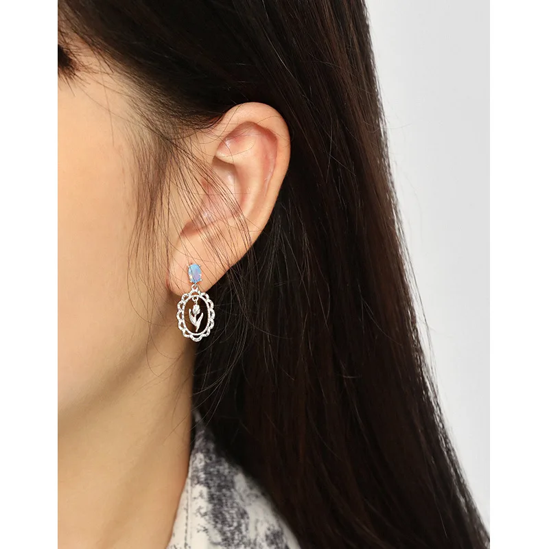 New Arrived 925 Silver Tulip Flower Earrings Carved Elegant Earrings Women Luxury Gold Drop Earrings