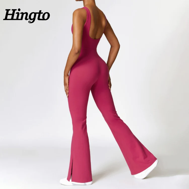 U Back Bodycon Full Length Flare bodysuit For Women One Piece Sport Jumpsuit Women Workout Gym Fitness Casual Yoga Jumpsuits