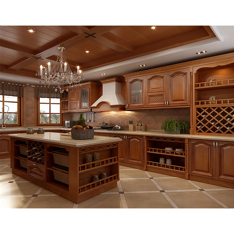 Prefabricated marble top island cabinets designs european modern luxury teak solid wood kitchen cabinet with countertops
