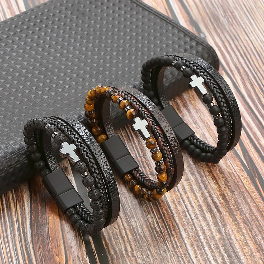 Dropshipping Popular Jewelry Leather Bracelets Men Natural Tiger Eyes Volcanic Stone Multi layer Braided Rope Bracelets for Man