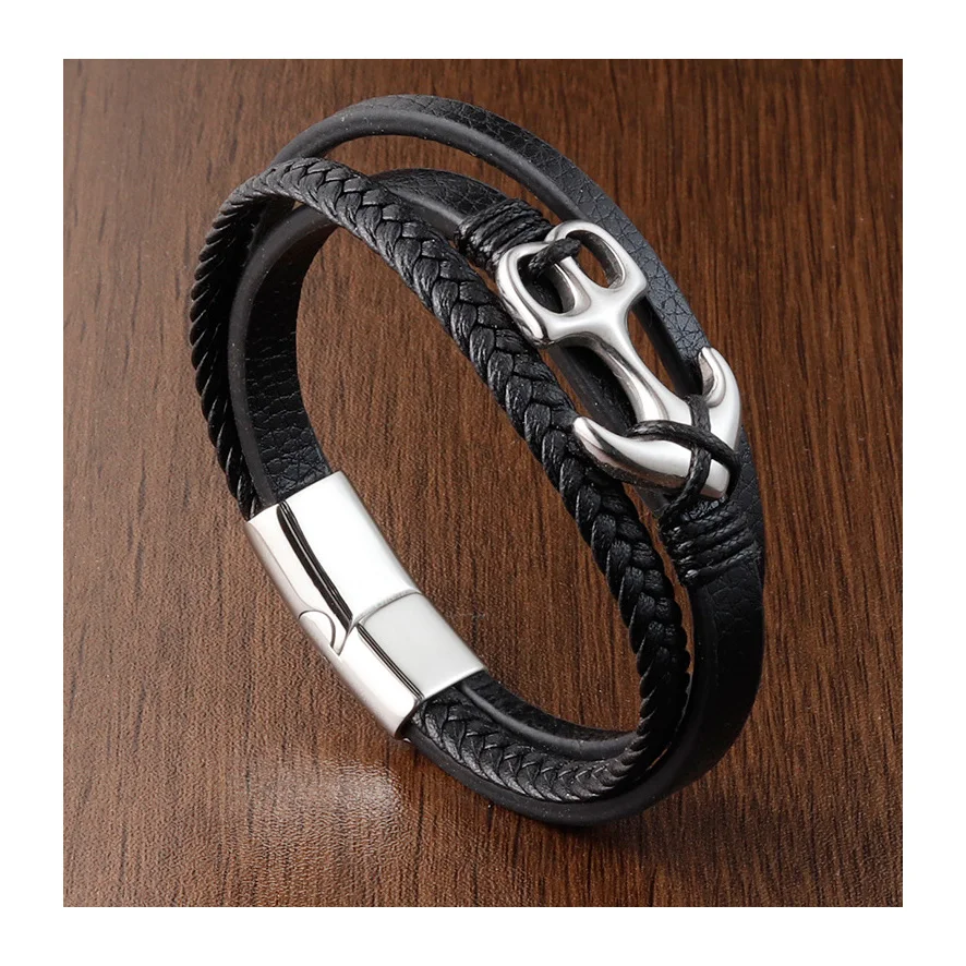 New Arrival Black Genuine Leather Silver Anchor Mens Braided Multilayer Bracelet For Men Jewelry Gift Magnetic Clasp Custom Logo