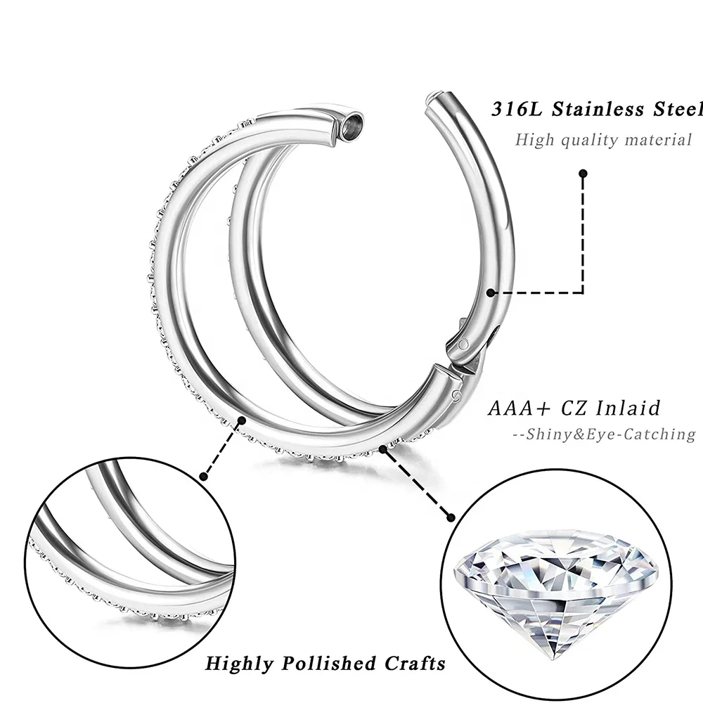Surgical Steel Clear Zircon Earring Hoop Rock Hinged CZ Segment Clicker Ear Cartilage Nose Ring Piercing Wholesale
