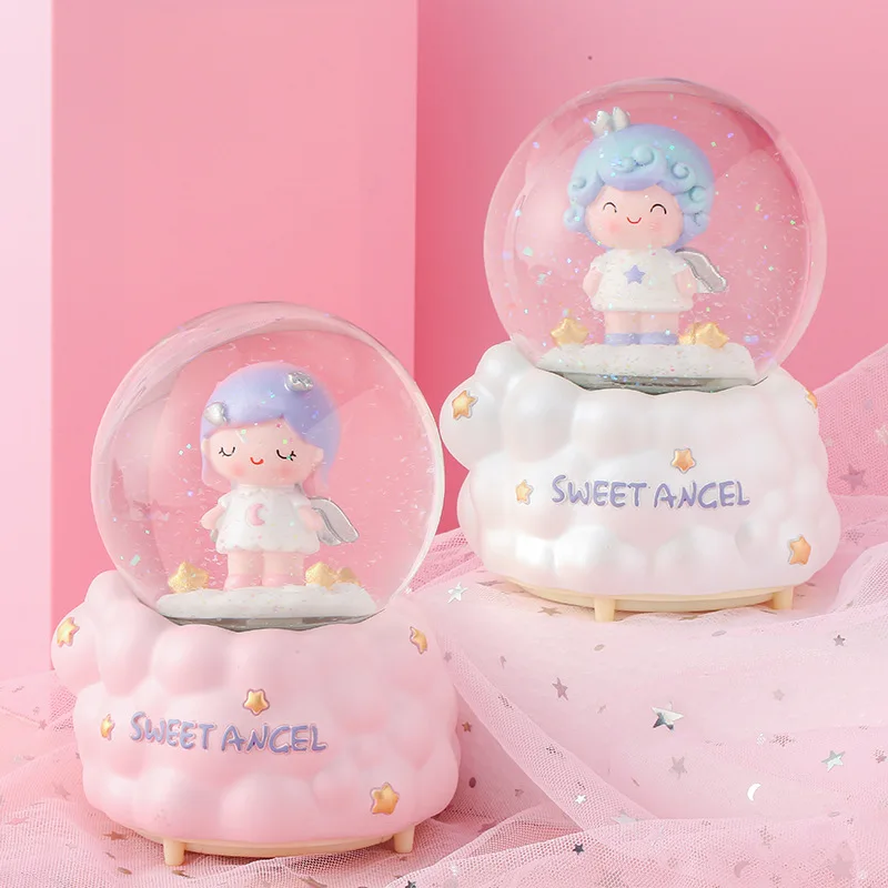 Оптовая продажа, креативная Автоматическая Музыкальная шкатулка с милым ангелом и снежными шарами, подарок из мультфильма и смолы, домашний декор