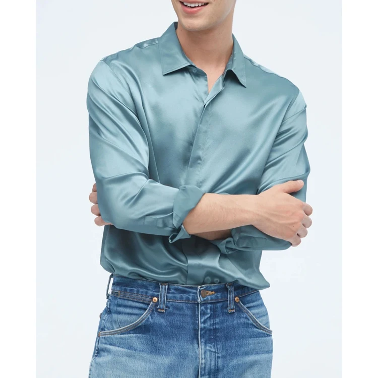 High quality luxury 100% mulberry silk shirt men custom logo business top silk shawls mens silk shirt
