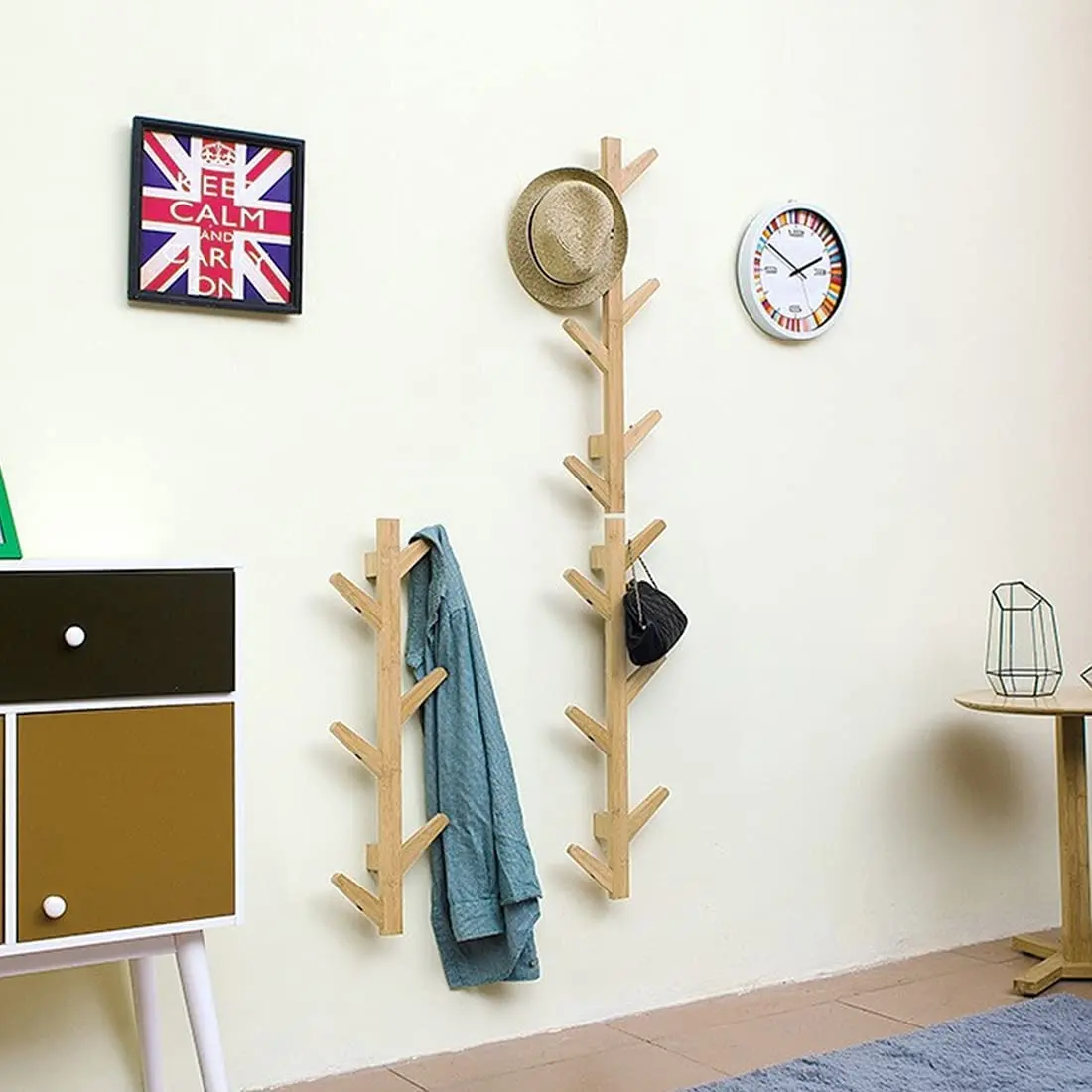 Base Clothes Hanger Hat Coat Rack Tree Branch Design Bamboo Wall Mounted Wood Modern Natural 6 Hook Home Decoration Love Europe