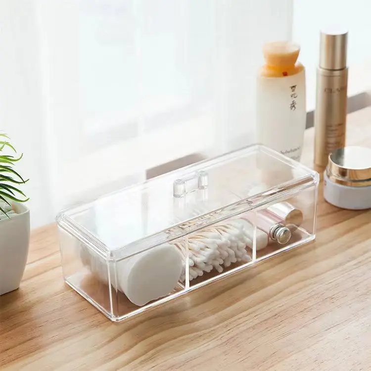 NISEVEN Hot Selling 3 Grid Acrylic Drawer Organizer Waterproof Bathroom Cotton Swab Box with Lid Clear Acrylic Storage Box