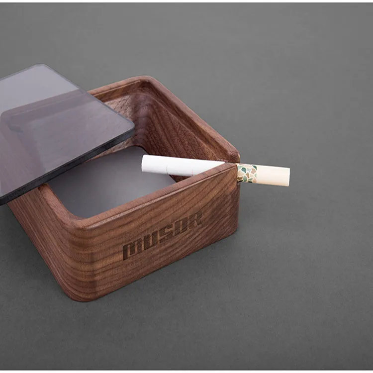 
Hot selling Wooden Ash tray Cendrier with Glass Cover Walnut Color Bamboo Ashtray 