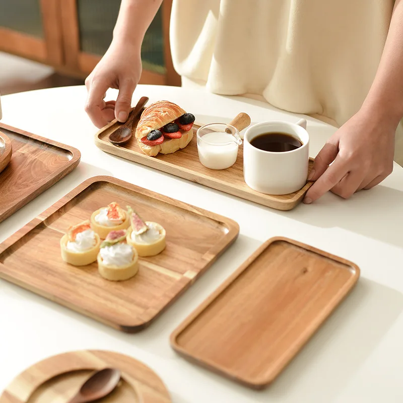 Rustic Acacia Wood Serving Tray Solid Rectangle Square Platter Tea Coffee Wedding Plate Hand Engraved Wooden Rolling Tray Dish