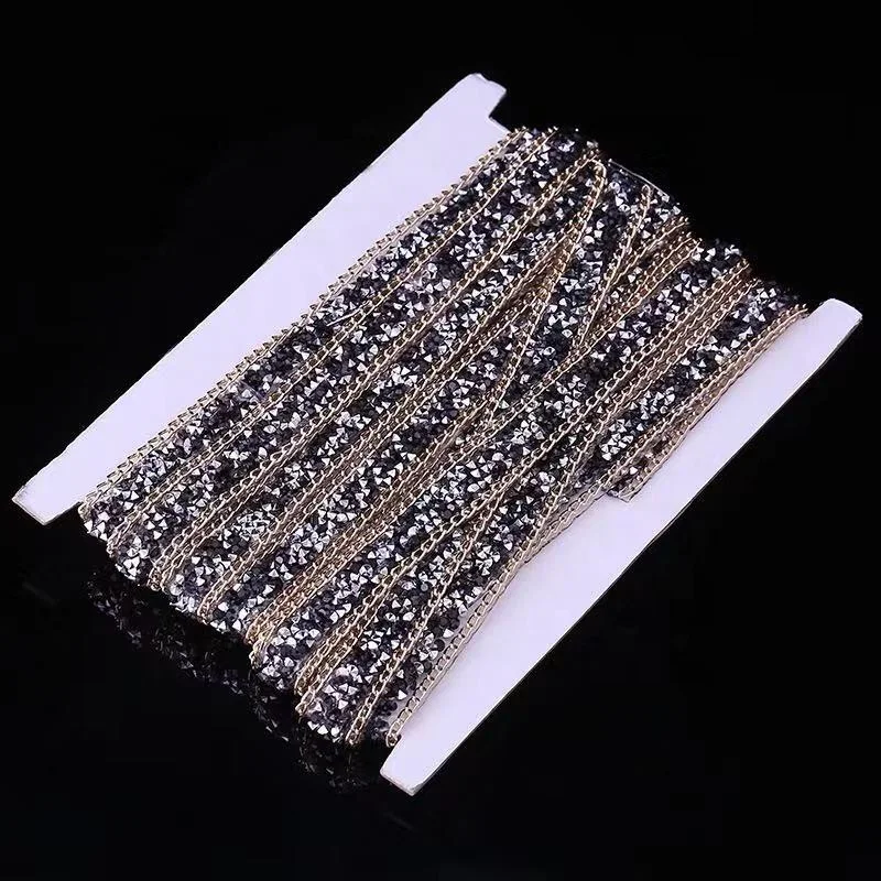 15mm Width Strass Crystal with Chain Hot Fix Rhinestones Applique Ribbon For Clothes Shoes
