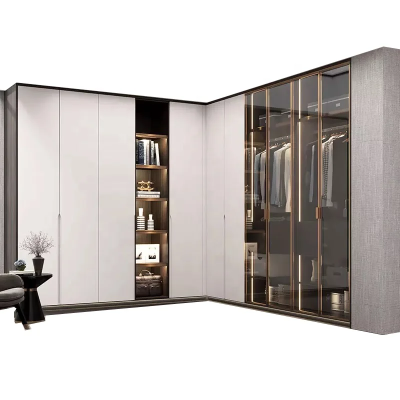 Minimalist design with minimal handling white paint wardrobe with glass door LED light