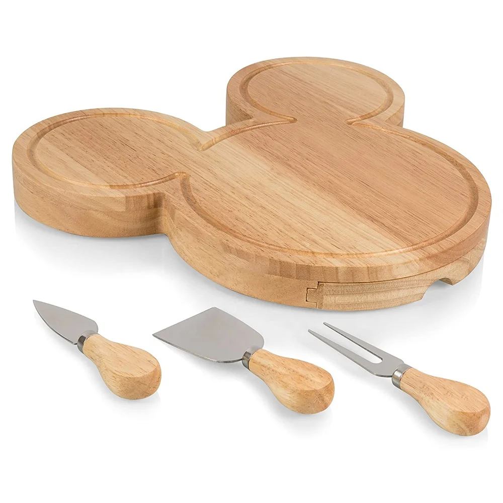Mouse head shape rubber wood cheese board knife set for for meat, cheese, bread