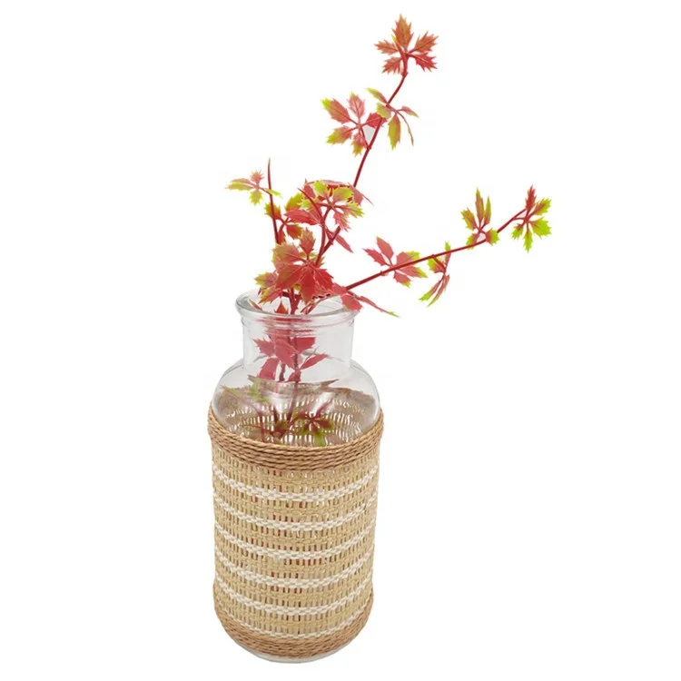 Home Decoration Natural Grass Cattail Wrapped Flower Jug Glass Vase with Straw Woven