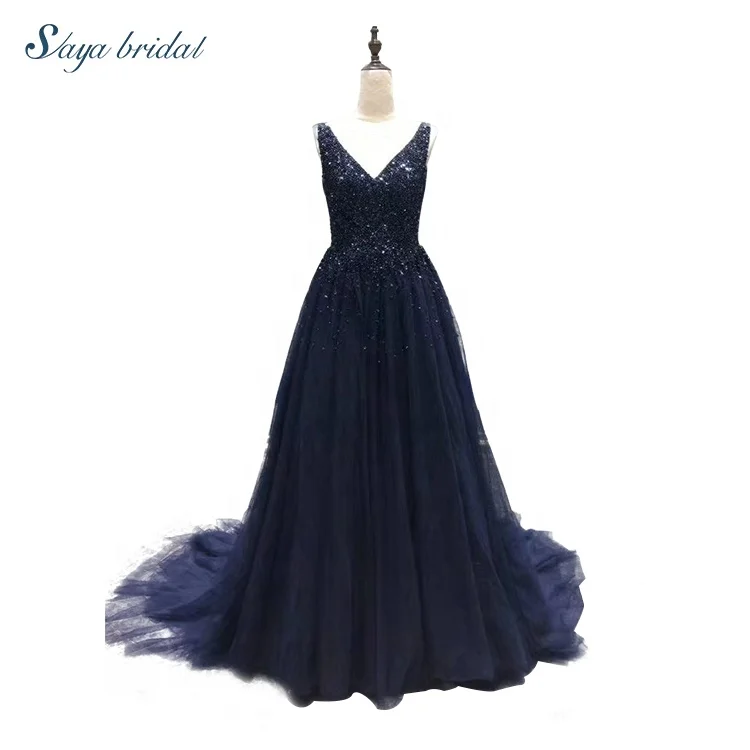 lace fabric A-line strap blue v-neck sleeveless floor length chapel train bridal wedding dress