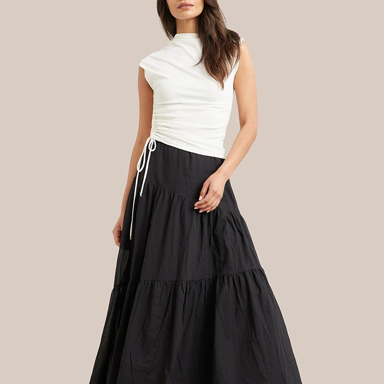 Special Design Latest Elegant High Waist Womens Tiered Maxi Long Pleated Skirts with Zipper