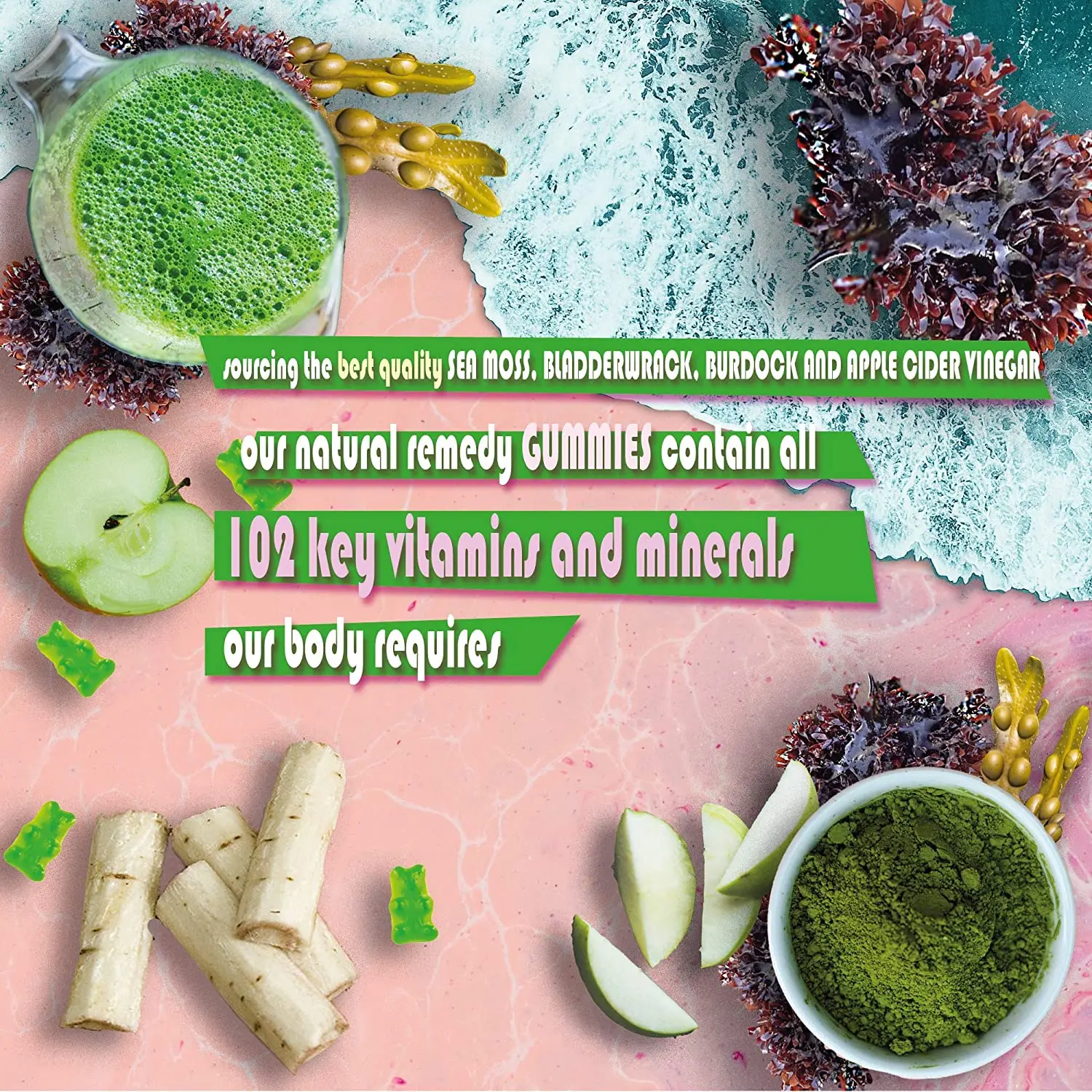 Органический морской мох Gummies-ямайский Bladderwrack Корень лопуха и яблочный уксус-60