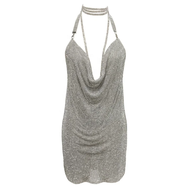 Backless Crystal Metal Mesh Dress / Chain Halter Rhinestone Slit Kendall Jenner 21st Birthday Party Dress