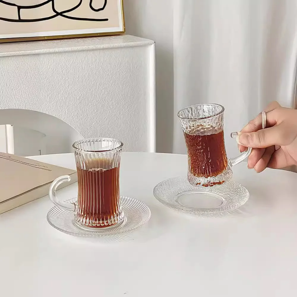 Wholesale Clear Glass Coffee Mug Turkish Tea Set With Handle Modern Turkish Tea Glasses