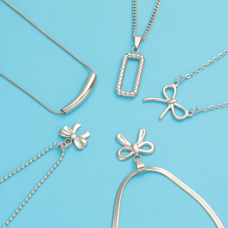 Wholesale titanium steel twist square tube small water drop bow high polish mirror effect jewelry pendant DIY jewelry making