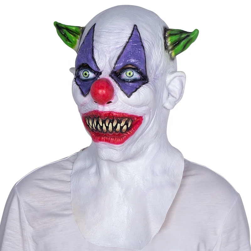 Evil Joker Mask Halloween Carnival Party Horror Killer Clown Latex Masks Creepy Green Horned Clown Mask Head Cover Holiday Gift