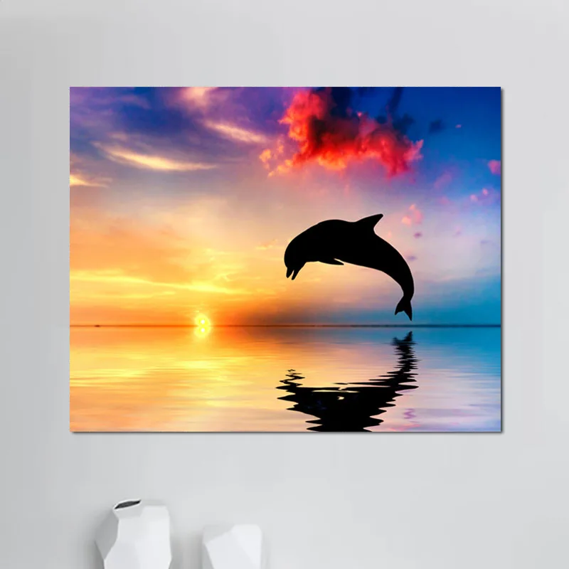 Best price Acrylic Paint Beautiful Kits Dolphin And Sunset Home Decoration Paintings Art On Canvas