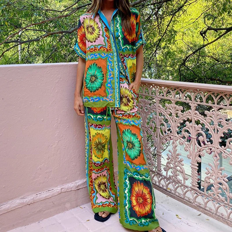 Oversized Satin Silk Beach Two Piece Suit Elastic Waist Pocketed Wide Leg Pants Floral Print Satin Shirt Pants Set
