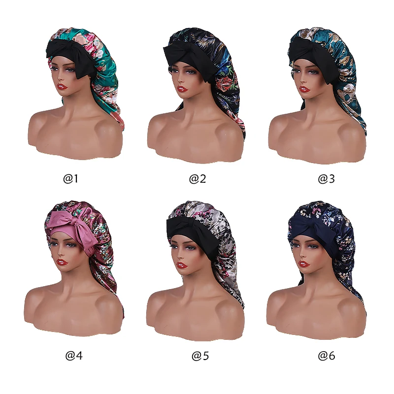 Floral Long Satin Bonnet for Sleeping - Double Layer Reversible Silk Bonnet for Long Hair Women Sleeping Cap With Tie Band