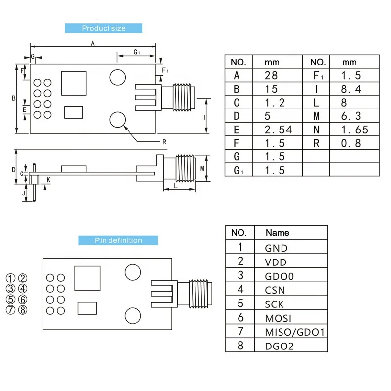 AS07-M1101D-SMA 433MHz cc1101 RF module SPI CC1101 module Wireless Data Transceiver 10mW 700m SMD Data transmission module
