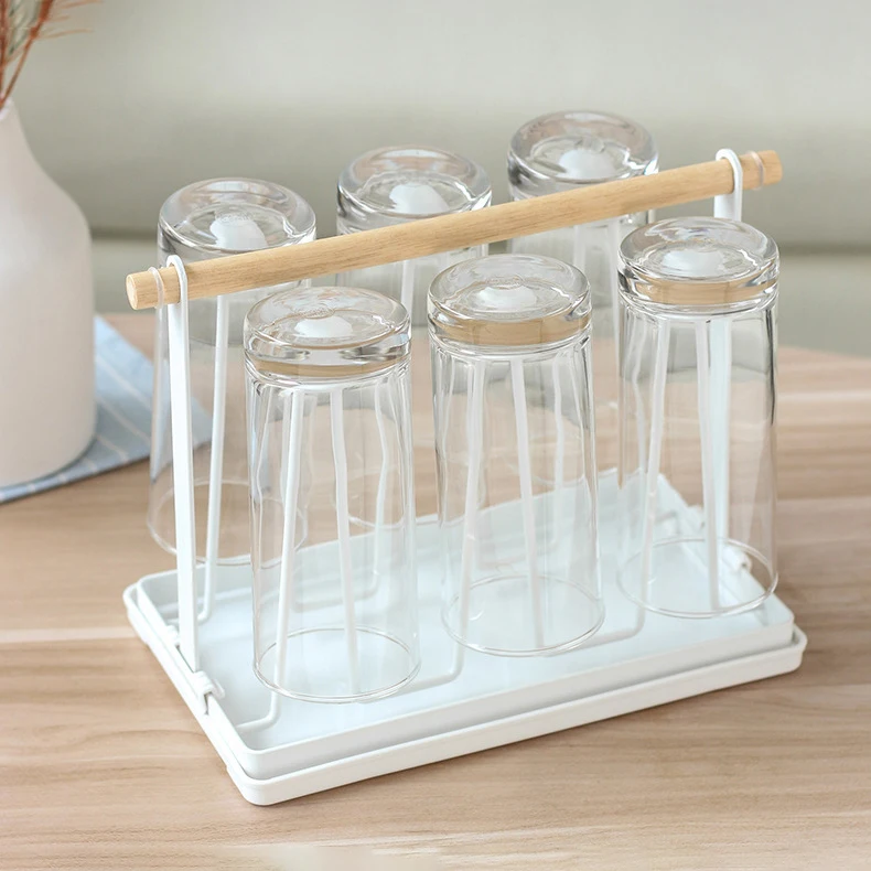 Kitchen Desktop wooden Handle 6 Cup Mug Drying display stand coffee cup holder storage organizer