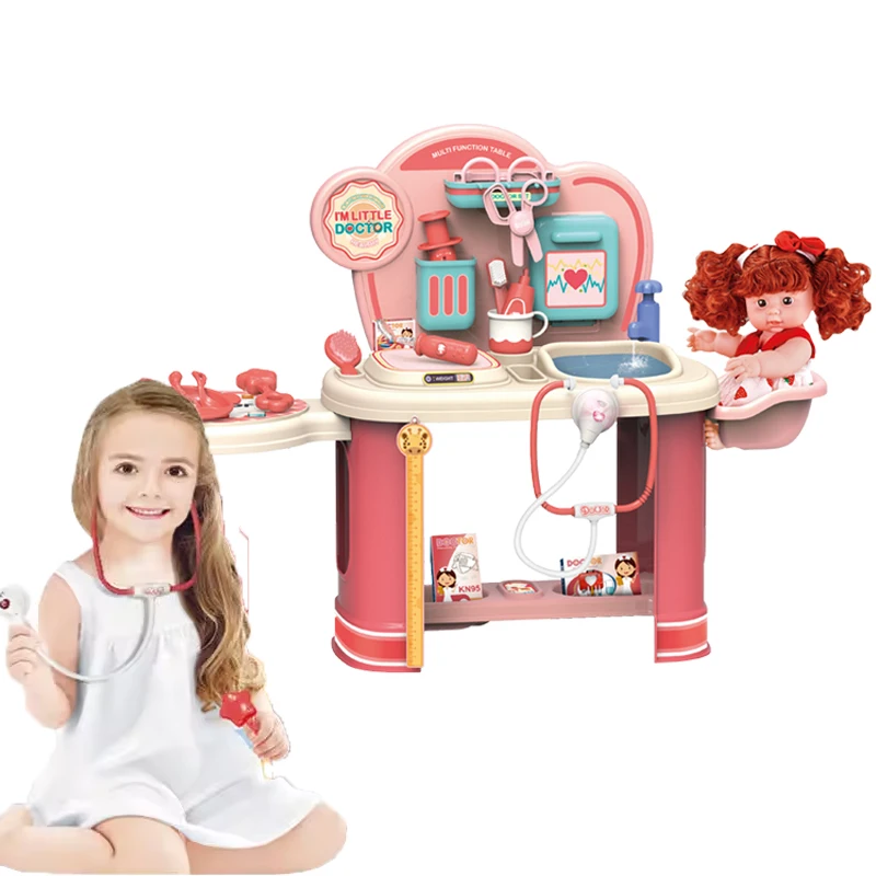Multifunction puzzle hospital pretend play Diy Kids Doctor Toy Set Vinyl doll video game with music and light toy