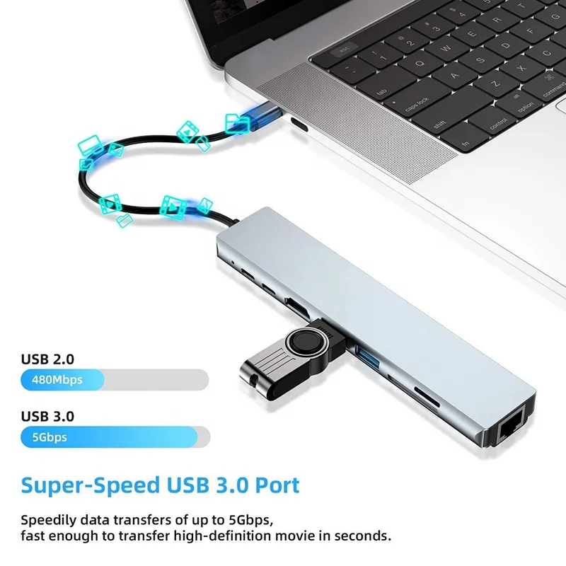 Xput Aluminum Docking Station Type C Hub 8 In 1 USB C Hub USB 3.0 TF SD 100Mbps Ethernet 4K HDMI USB-C Multiport Adapter