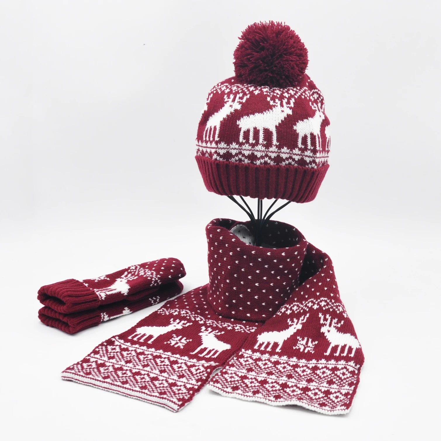 Жаккардовый зимний теплый шарф и перчатки набор для детей взрослых мягкая эластичная шапка варежка рождественские