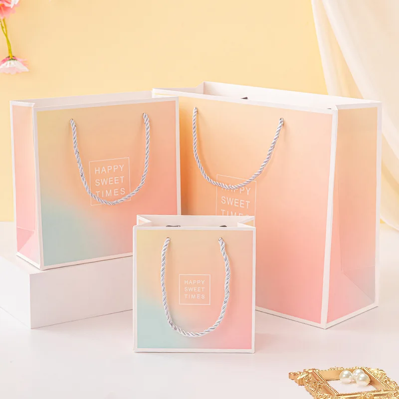Luxury Custom Logo Shopping Paper Bag for Clothes with Gradient Color Clothing Boutique Packaging Bags with Ribbon Handles