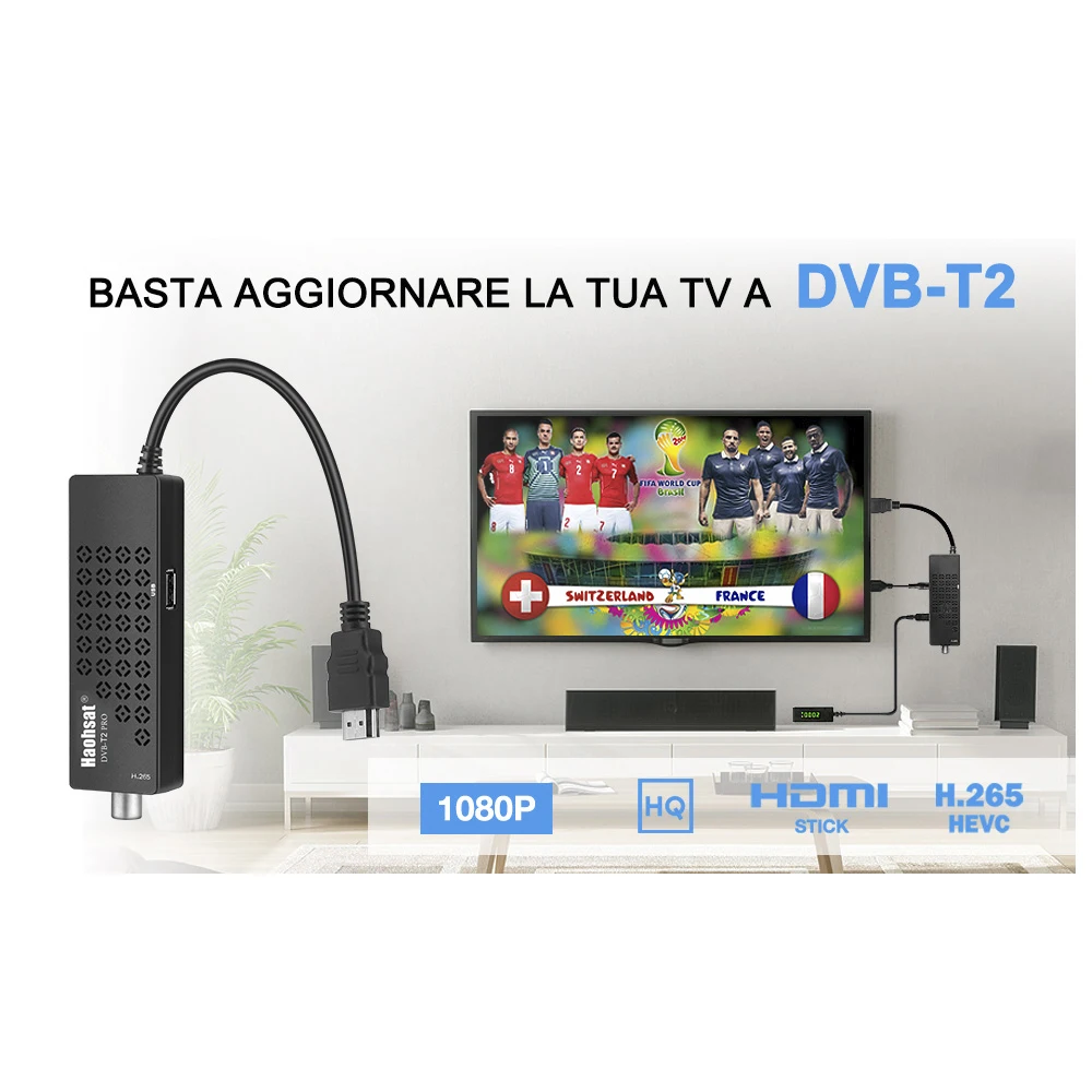 Цифровая ТВ-флешка Haohsat T2 Pro Италия Польша DVB USB Wi-Fi 1080p Hevc 10 бит H.265 мини-приставка для противопожарной ТВ-приставки 4K Ultra