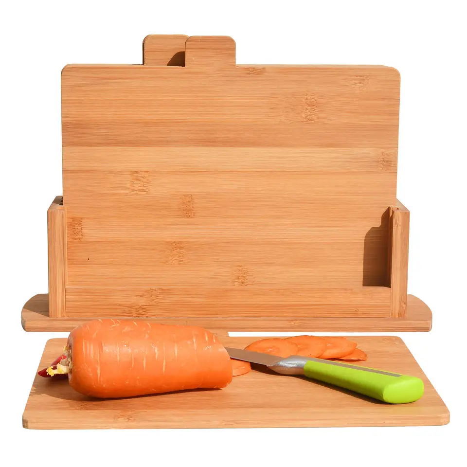 5 In 1 Bamboo Cutting Chopping Board Set With Stand Acacia Wood Food Sign Labels Meat Fish Bread Vegetable