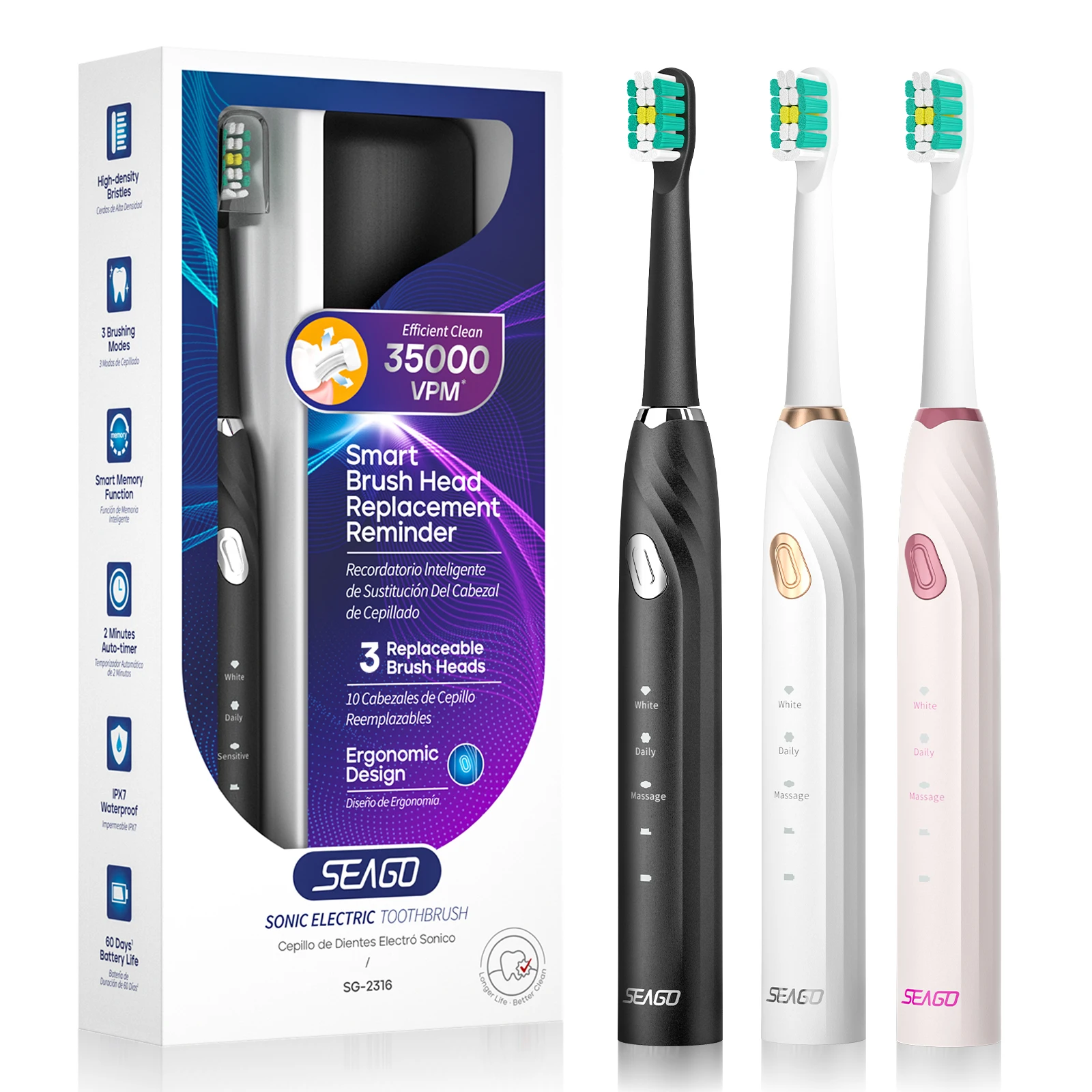 New Arrival BSCI  Factory Approved SEAGO High Quality  3 modes Adult Sonic Tooth Brush with 35000 Strokes  SG-2316