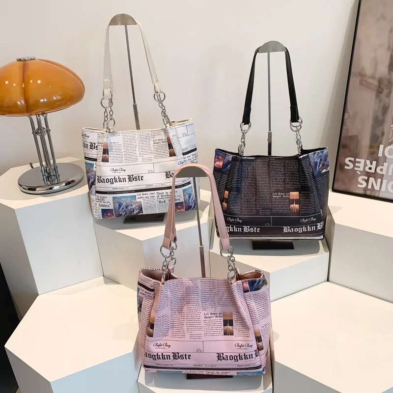 Ladies Printed PU Leather Shoulder Bag New Fashion Newspaper Shopping Tote Bag Large Capacity Yoga Travel To Work Student Bag