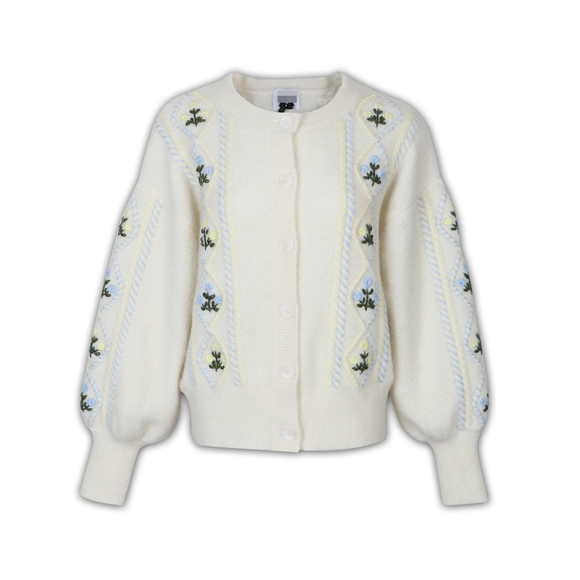 High End Special Design Embroidery Round Neck Puff Sleeve Contrast Cable Women Knitted Cardigan Sweater