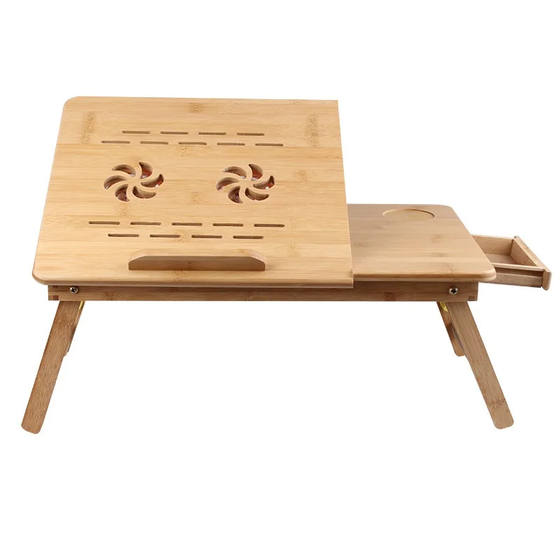 Folding Bamboo Laptop Table with Double Cooling Fans PC Table for Bed