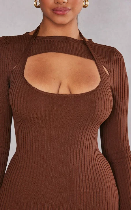 high quality black sexy slip maxi knit solid backless fall outfit lotus leaf dress buttons long sleeve ribbed knit dresses